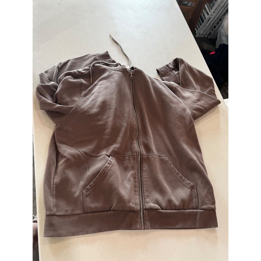 H&M Women Brown Full Zip Hoodie Sweatshirt Large Taupe Long Sleeve Hooded Jacket